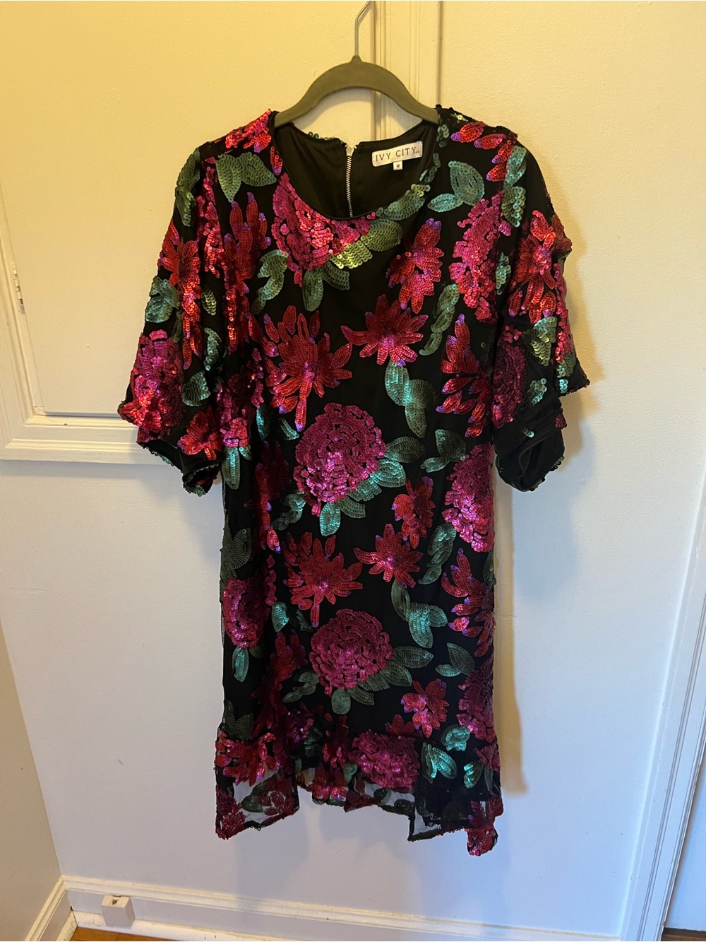 Ivy City Co Black Dress with Hot Pink & Teal Sequin Floral Embroidery